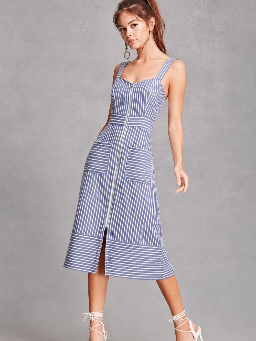 Blue Stripe Midi Dress with Front Zip